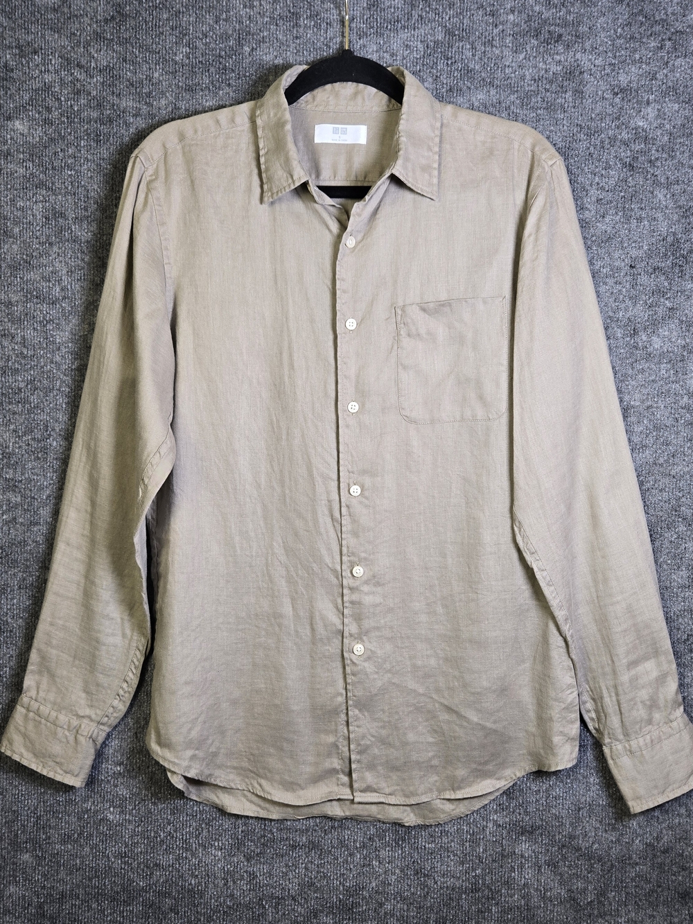 Uniqlo Shirt Mens S Linen Light Brown Long Sleeve Button Up Pocket